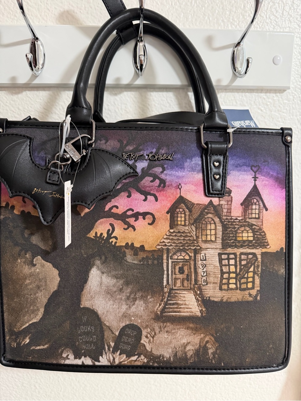 Betsey Johnson Black Haunted House Art Print Tote with Bat Charm